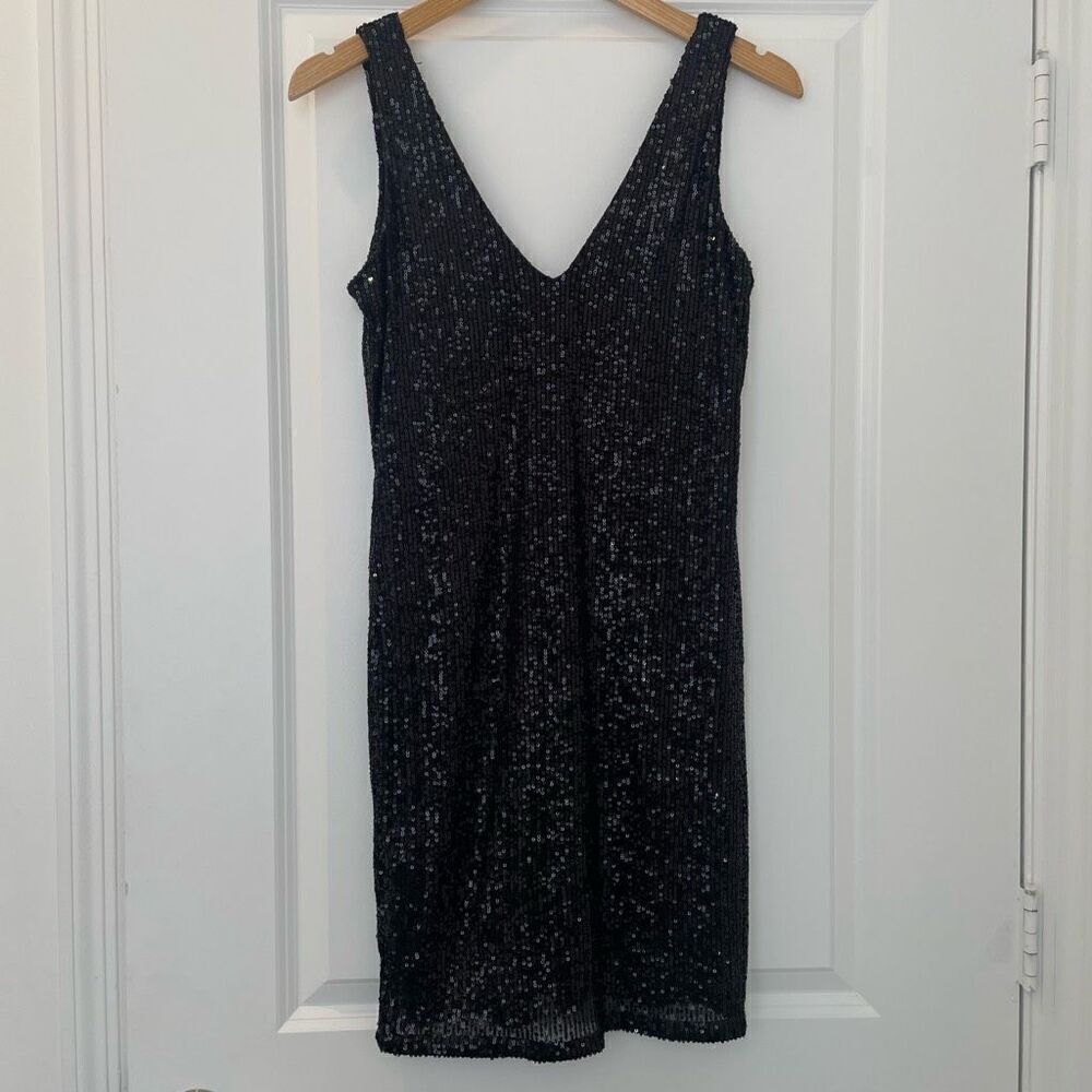 H&M Sequins Black V Neck Sleeveless Dress Size Small